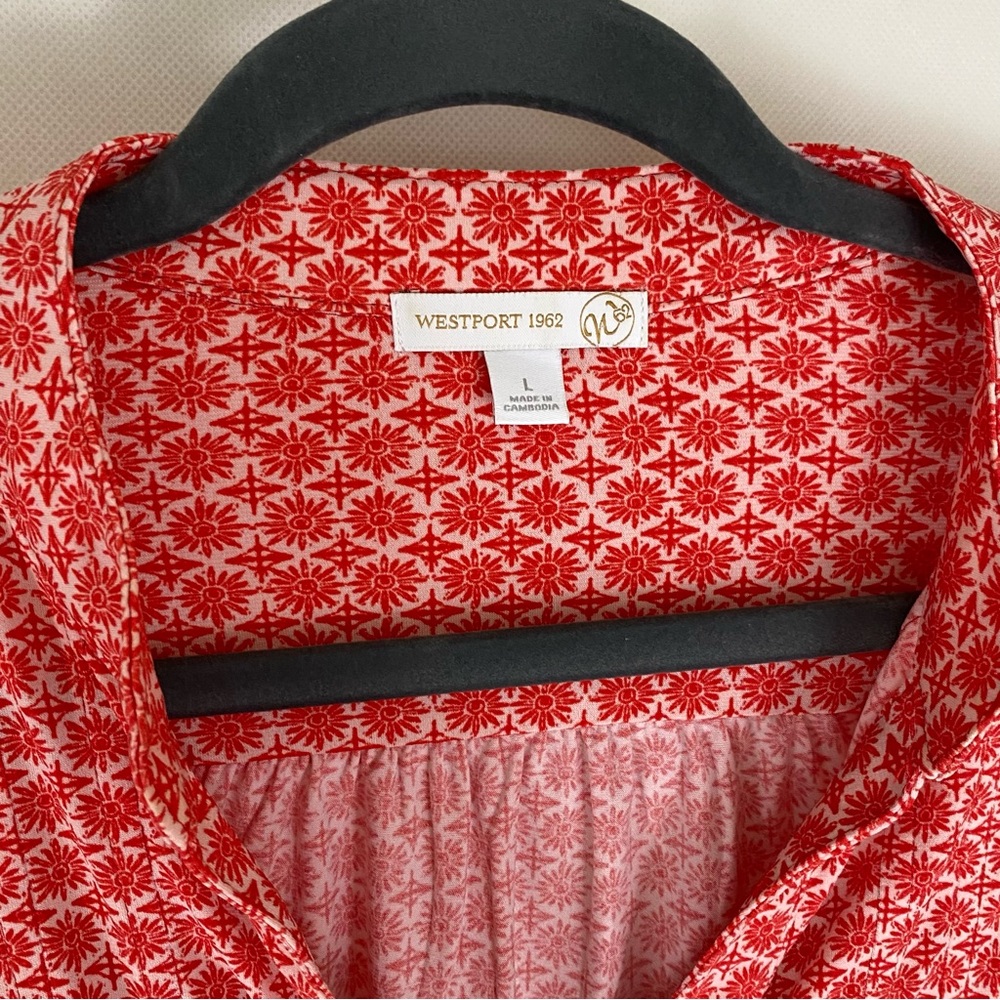 Westport Mandarin Collar V-neck with butt accent reddish Orange flowy blouse L - Picture 9 of 10